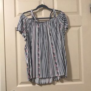white off-shoulder top with blue & pink stripes